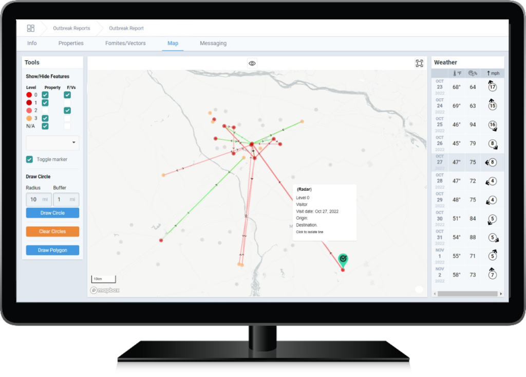 Trace-out report displaying vehicle movement history, site visits, and transportation records used to support disease investigations and outbreak response activities.